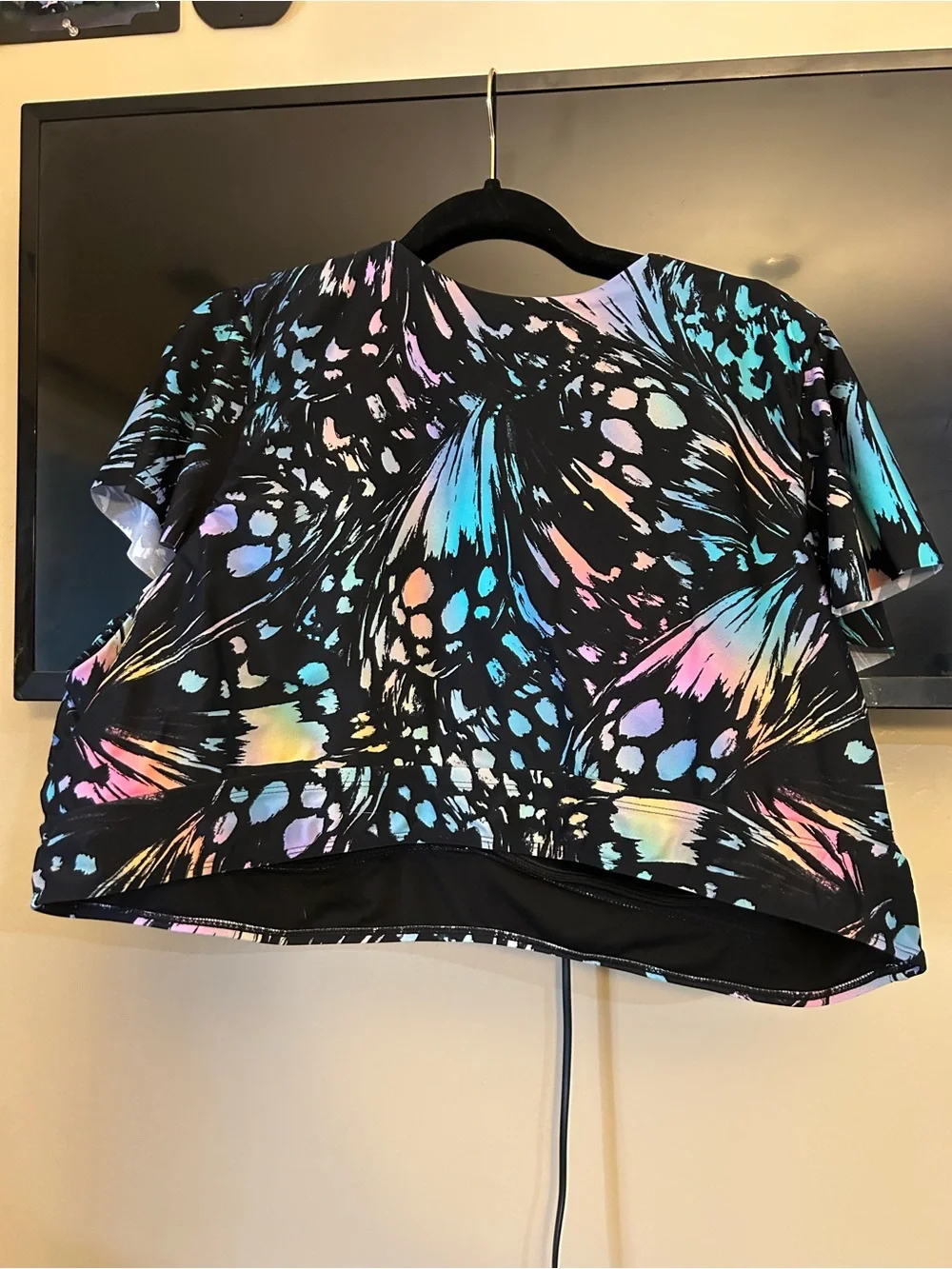 Black Crop swim Top with Pastel Watercolor Butterfly Print